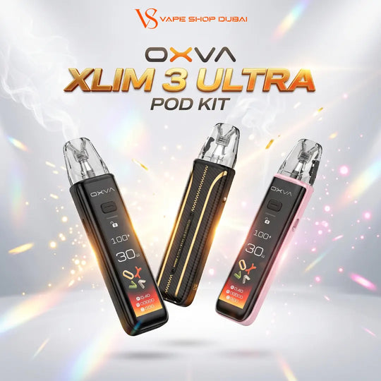 Three OXVA Xlim 3 Ultra Pod Kit vape devices floating against a bright, sparkly white and gray background with rainbow light effects. The left and right devices are black with orange and pink accents, and the center device is black with gold accents.