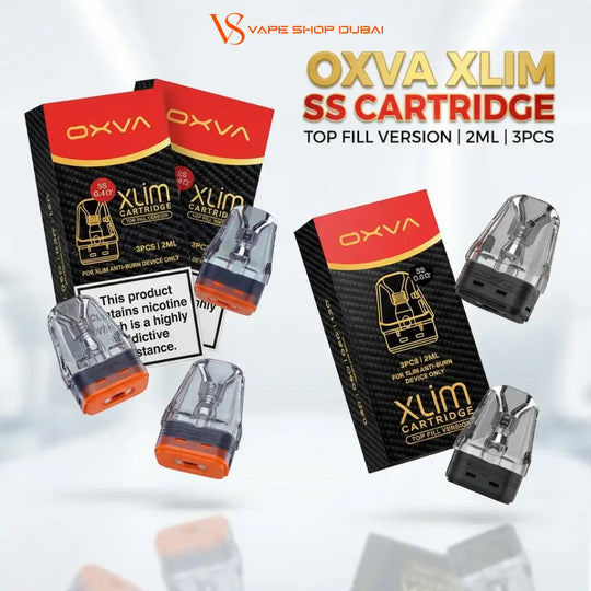 Three OXVA Xlim Cartridge vape pens and their retail packaging boxes, displayed on a clean white background with promotional text overlays.
