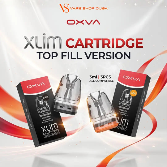 Promotional graphic for OXVA Xlim Cartridge Top Fill Version, showing two vape cartridge tanks and two retail boxes on a white background with red and orange graphic ribbons and text reading '3ml | 3PCS ALL COMPATIBLE'.