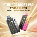 Two Pyne Pod Boost Pro disposable vape devices shown against a golden abstract background with promotional text reading 'PYNE POD BOOST PRO', '20000 PUFFS', and '50MG DISPOSABLE VAPE'. One vape is black and white, and the other is black, pink, and yellow.