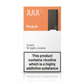 Juul 2 Peach 2-pack disposable vape packaging, featuring an orange and white box with a black vape device graphic and a prominent nicotine warning label.