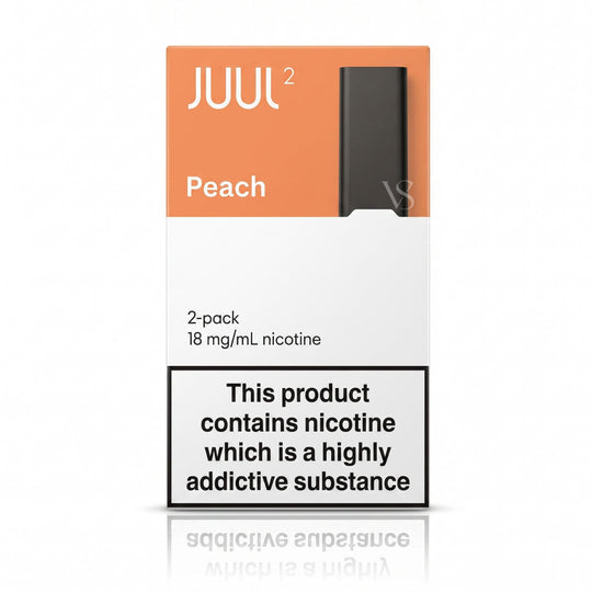 Juul 2 Peach 2-pack disposable vape packaging, featuring an orange and white box with a black vape device graphic and a prominent nicotine warning label.