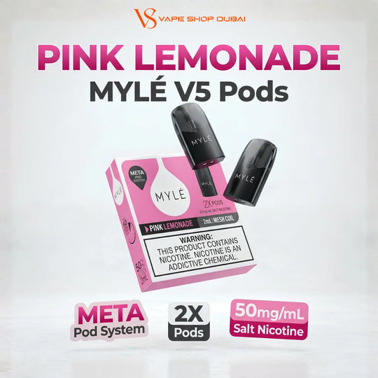 Mylé V5 Pods Pink Lemonade flavor pods by Vape Shop Dubai, featuring a pink box, two black MYLÉ pods, and text indicating Meta Pod System, 2x Pods, and 50mg/mL Salt Nicotine.
