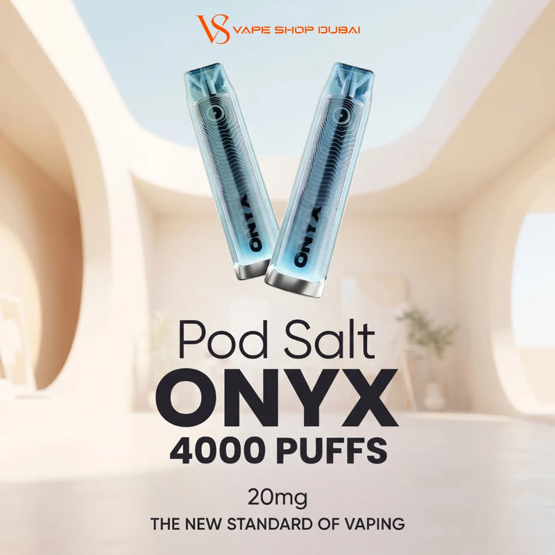 Two translucent light blue Onyx Pod Salt disposable vape devices floating above large black text that reads 'Pod Salt ONYX 4000 PUFFS 20mg THE NEW STANDARD OF VAPING,' with the Onyx brand logo and 'VAPE SHOP DUBAI' at the top, set against a softly blurred beige interior background.