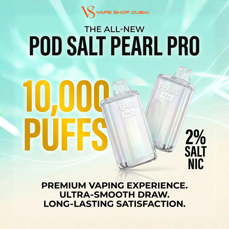 Promotional graphic for the Pod Salt Pearl Pro vape pod by Vape Shop Dubai. The image features two clear Pod Salt Pearl Pro pods with white and light blue accents, set against a light teal and cream gradient background with bold text highlighting '10,000 PUFFS' and '2% SALT NIC'.