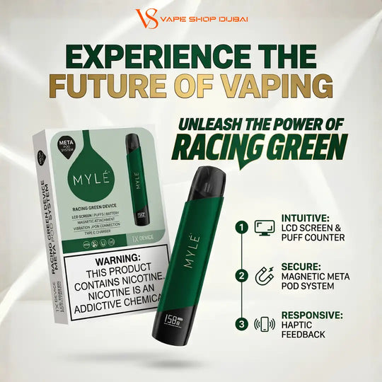 MYLE Racing Green Vape disposable vape device and its packaging box, presented on a white background with promotional text and feature callouts.