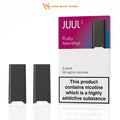 Two black JUUL 2 disposable vape devices shown next to their retail packaging on a white background. The packaging is white with a purple-to-blue gradient top section, labeled 'JUUL 2 Ruby Menthol', and includes a prominent nicotine warning label.