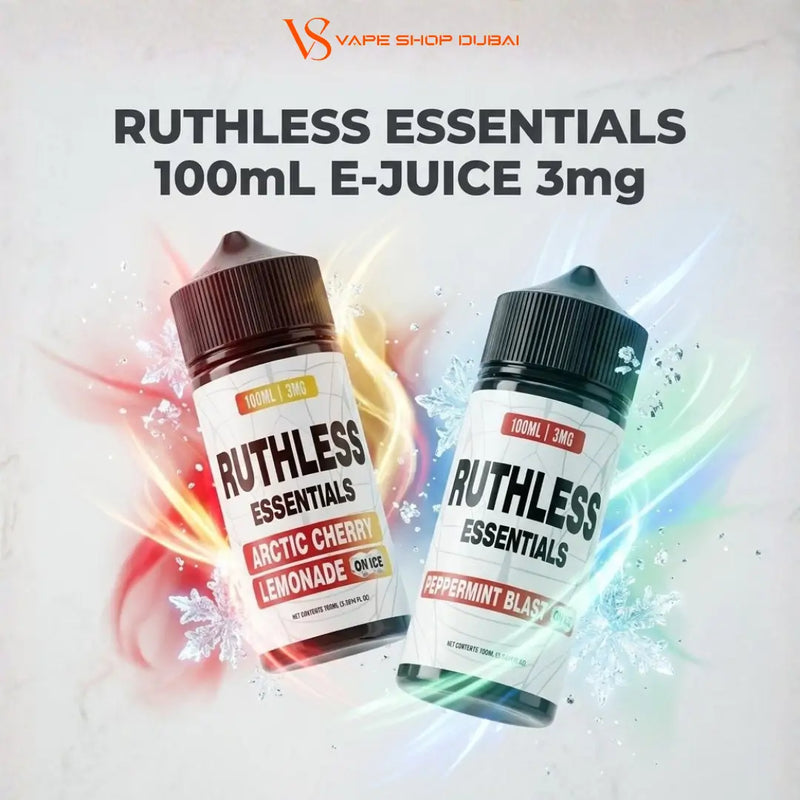 Two bottles of V8 Vape Shop Dubai Ruthless Essentials 100mL e-juice, 3mg strength, shown side-by-side against a light marble background with colorful graphic effects. The left bottle is Arctic Cherry Lemonade flavor with a dark brown cap and white label.
