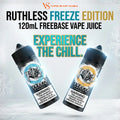 Two bottles of Vape Shop Dubai Ruthless Freeze Edition 120mL Freebase Vape Juice are shown floating against a light icy background with promotional text.