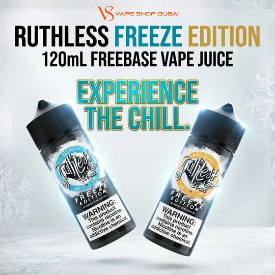Two bottles of Vape Shop Dubai Ruthless Freeze Edition 120mL Freebase Vape Juice are shown floating against a light icy background with promotional text.