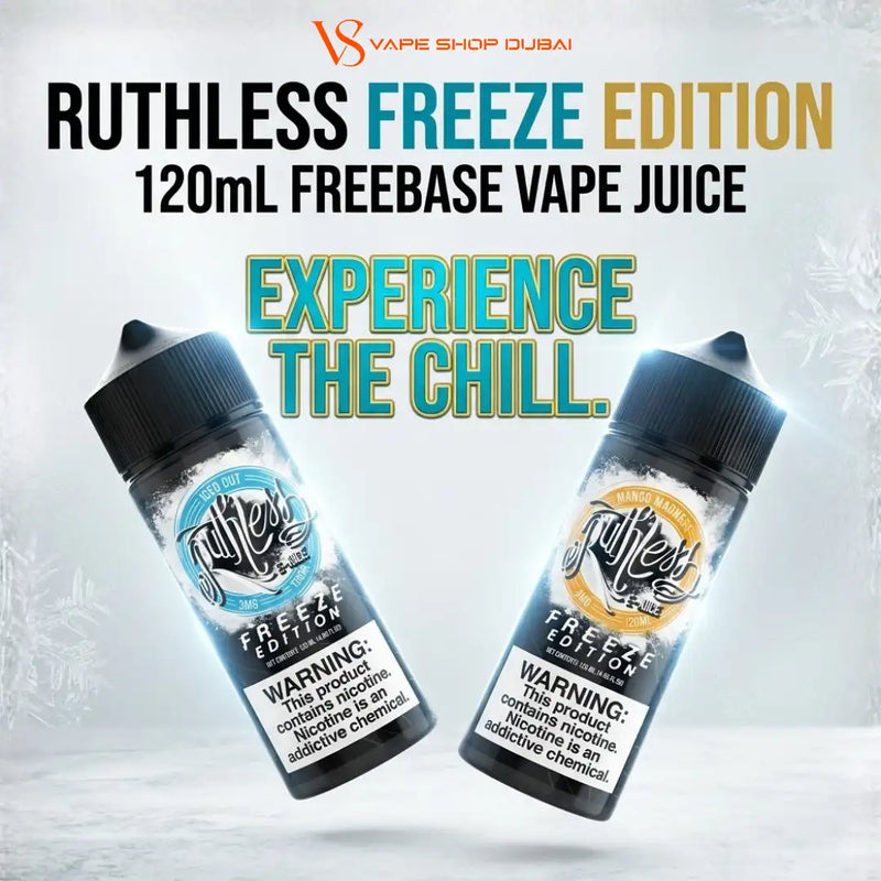 Two bottles of Vape Shop Dubai Ruthless Freeze Edition 120mL Freebase Vape Juice are shown floating against a light icy background with promotional text.