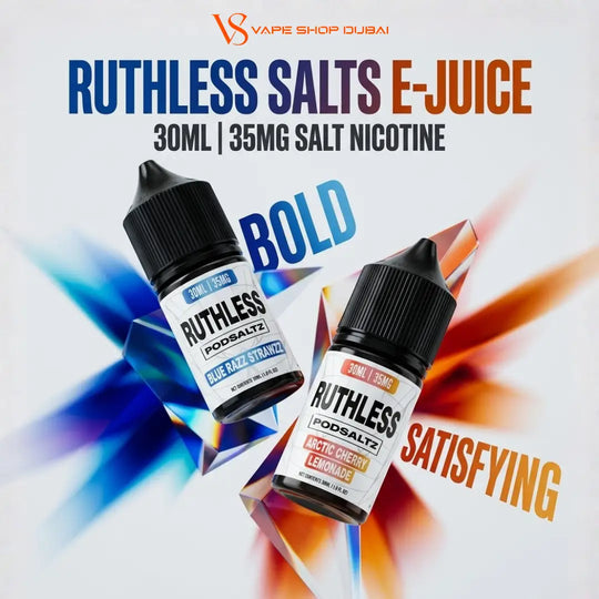 Two bottles of Ruthless Salts Podsaltz e-juice floating on a white background with colorful abstract geometric shapes and promotional text. The bottles are labeled Blue Ice Strain and Arctic Cherry Lemonade, both 30ml, 35mg salt nicotine.