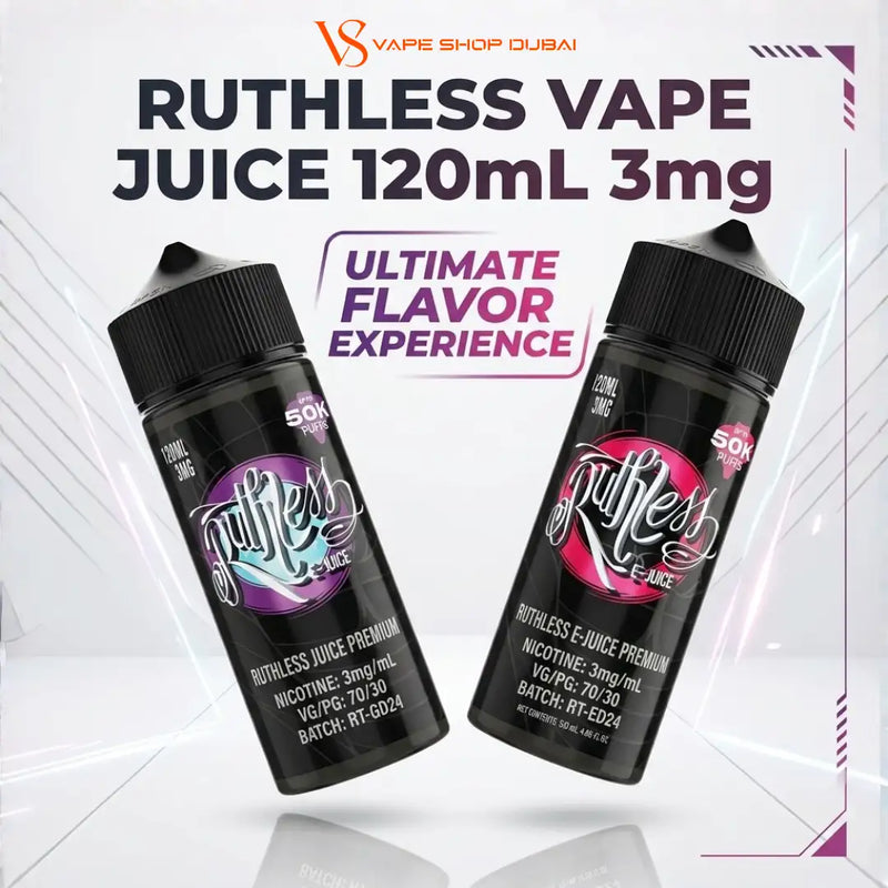 Two black bottles of Ruthless Vape Juice 120mL 3mg e-liquid shown on a white graphic background with large promotional text and the VS Vape Shop Dubai logo.