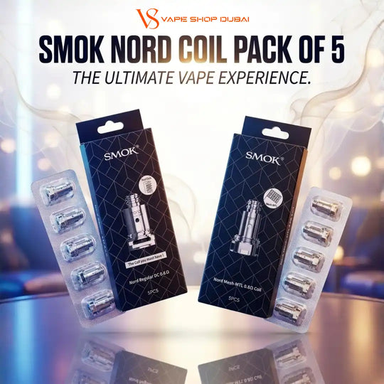 Two SMOK Nord Coil 5.85mm coil packs in black retail packaging, each accompanied by two clear blister packs containing silver metal coils, displayed on a reflective surface with a smoky, blurred background and promotional text at the top.