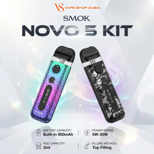 Two SMOK Novo 5 vape devices shown on a light abstract background with promotional text. The left device has a holographic rainbow gradient finish, and the right device is black with a gray camouflage pattern.