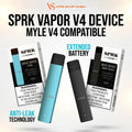 Promotional graphic for an SPRK Vapor V4 disposable vape device, showing two vape units (one light blue and one black) alongside their retail packaging. The image includes text overlays indicating compatibility with Myle V4 and an extended battery.