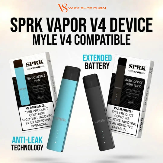 Promotional graphic for an SPRK Vapor V4 disposable vape device, showing two vape units (one light blue and one black) alongside their retail packaging. The image includes text overlays indicating compatibility with Myle V4 and an extended battery.