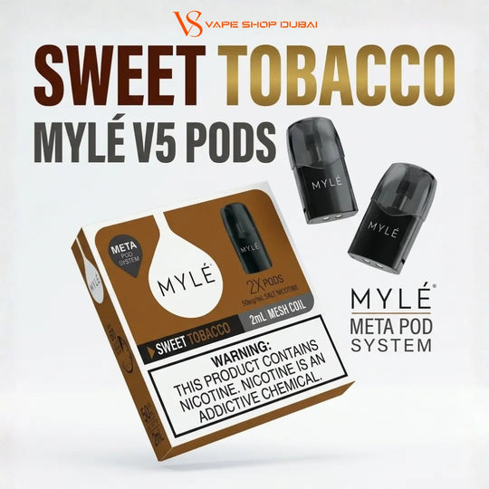 Mylé V5 Pods Sweet Tobacco 2ml Mesh Coil vape pods shown with their retail box and two individual pods on a clean white background. The brand 'VS Vape Shop Dubai' is visible at the top.
