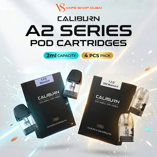 Promotional graphic for Caliburn A2 Series Pod Cartridges by VS Vape Shop Dubai, showing two black pod cartridge boxes and several transparent pods with black tops on a bright white background with light effects.