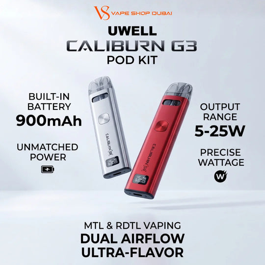 Promotional graphic for the UWELL Caliburn G3 Pod Kit showing two vape pod devices, one silver and one red, with marketing text including 900mAh battery, 5-25W output range, and MTL & RDTL vaping.