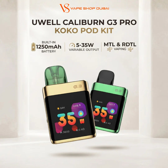 Two Uwell Caliburn G3 Pro Koko Pod Kit vape devices shown on a clean white background with promotional text. One device has a gold metallic body and the other has a green metallic body, both with black screens and mouthpieces.