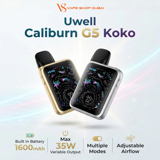 Two Uwell Caliburn G5 Koko disposable vape devices shown on a light blue and white background with promotional text and feature icons. One vape has a gold frame and the other has a silver frame, both with black mouthpieces and colorful galaxy-pattern screens.