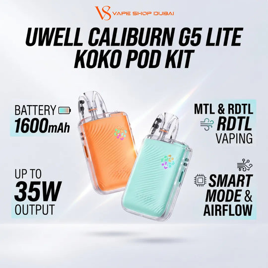 Promotional graphic for the Uwell Caliburn G5 Lite Koko Pod Kit by VS Vape Shop Qubai, showing two vape pods in orange and mint green with text highlighting 1600mAh battery, MTL and RDTL vaping, up to 35W output, and smart mode and airflow.