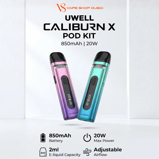 Uwell Caliburn X Pod Kit vape device shown in two metallic colors: one pink-to-purple gradient and one teal-to-blue gradient. The image features product specifications and icons for 850mAh battery, 20W max power, 2ml e-liquid capacity, and adjustable airflow.
