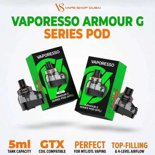 Two Vaporesso Armour G Series Pod (MTL and DTL) vape pods shown with their green and black retail packaging on a white background, with promotional text highlighting 5ml tank capacity, GTX coil compatibility, and suitability for MTL/DTL vaping.