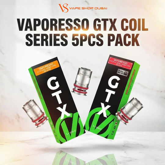 Promotional graphic for a Vaporesso GTX Coil Series 5pcs Pack, showing two black and green product boxes with silver and red vape coils floating against a light marble background. Large text at the top reads 'VAPORESSO GTX COIL SERIES 5PCS PACK' with the Vapoore Shop Dubai logo above.