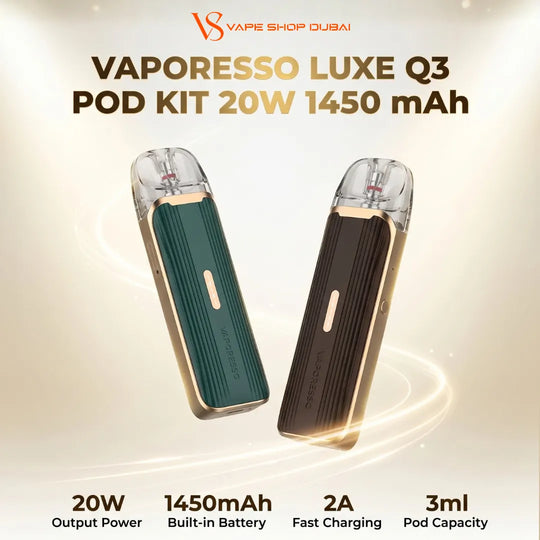 Two Vaporesso Luxe Q3 pod kits shown on a warm beige promotional background with text reading 'VAPORESSO LUXE Q3 POD KIT 20W 1450 mAh' and feature callouts below. One device is dark green with gold trim, and the other is dark brown with gold trim.
