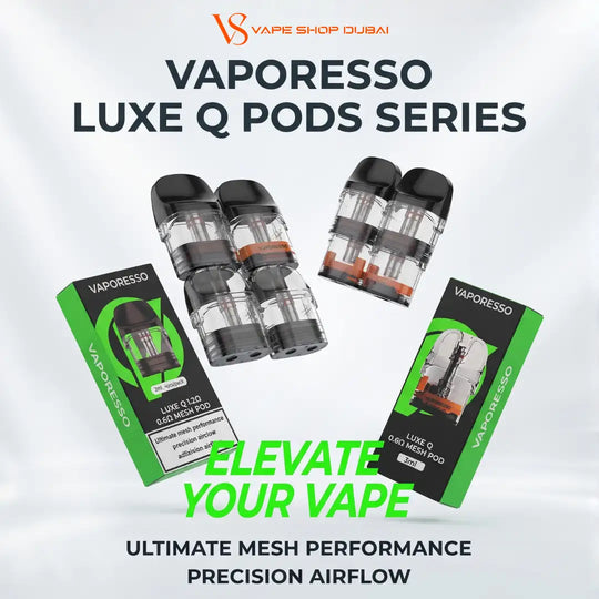 Promotional graphic for Vaporesso Luxe Q Pods Series, showing two clear pod devices with black and orange accents, two retail boxes in green and black, and large marketing text on a light gray background.