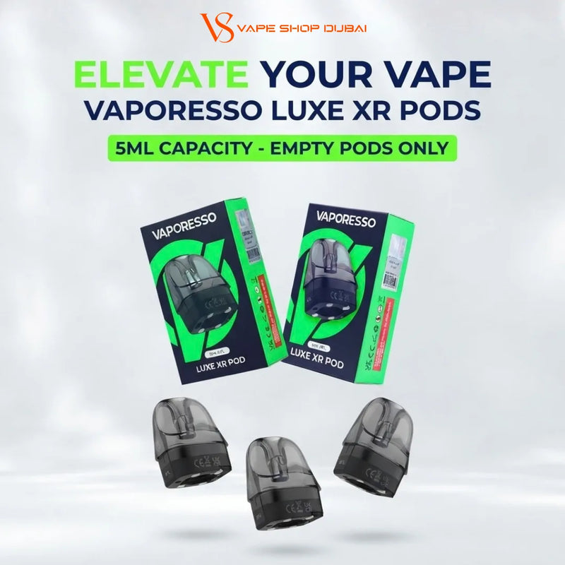 Three Vaporesso Luxe XR Pod disposable vape pods shown floating above their retail packaging on a light gray gradient background, with promotional text at the top reading 'ELEVATE YOUR VAPE Vaporesso Luxe XR PODS' and '5ML CAPACITY - EMPTY PODS ONLY'.