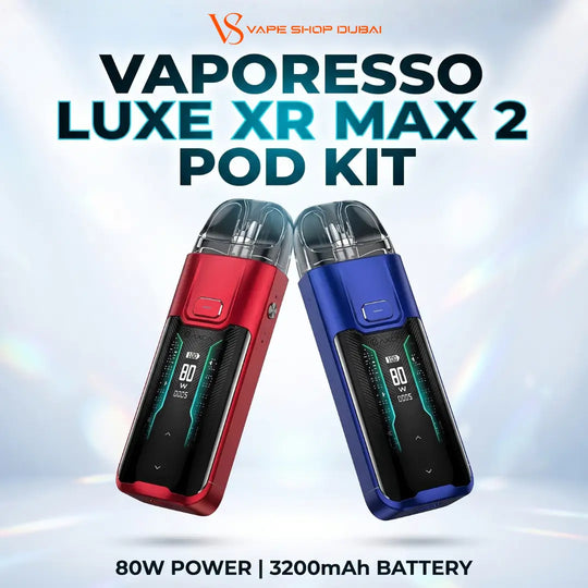 Two Vaporesso Luxe XR Max 2 Pod Kits shown side by side, one in metallic red and one in metallic blue, with a digital display on each. The image features promotional text at the top and bottom, including 'VAPORESSO LUXE XR MAX 2 POD KIT' and '80W POWER | 3200mAh BATTERY'.