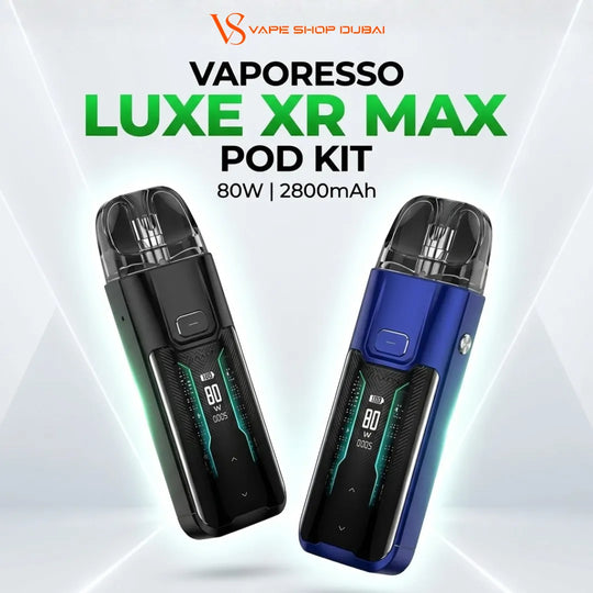 Two Vaporesso Luxe XR Max pod kits shown on a light gray graphic background with promotional text. One kit is black with green accents, and the other is blue with black and green accents.