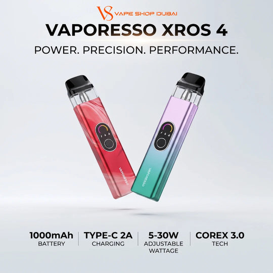 Two Vaporesso XROS 4 disposable vape devices shown on a light gray gradient background with promotional text. One vape has a red-to-pink gradient body, and the other has a teal-to-lavender gradient body.