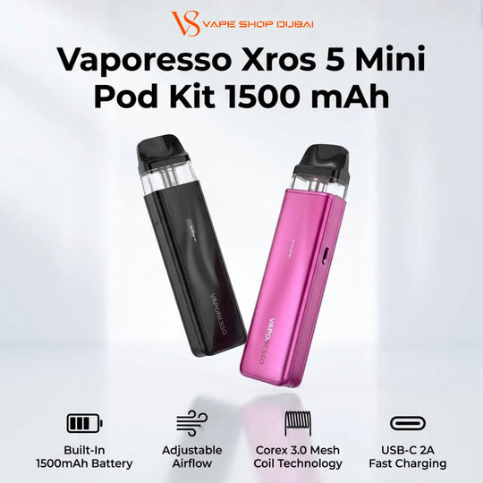 Two Vaporesso Xros 5 Mini Pod Kits shown on a light gray background, one in metallic black and one in metallic pink. The image includes text reading 'Vaporesso Xros 5 Mini Pod Kit 1500 mAh' and feature icons for 1500mAh battery, adjustable airflow, Corex 3.