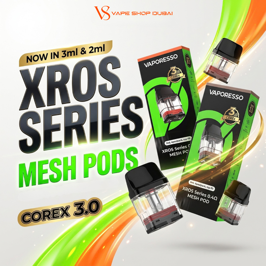 Promotional graphic for Vaporesso XROS Series Mesh Pods Corex 3.0, showing several vape pods and their retail boxes with green and black graphics on a white background with orange and green abstract streaks.