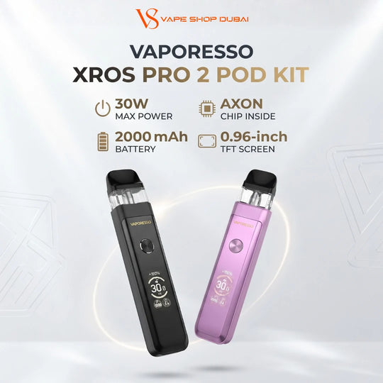 Vaporesso XROS Pro 2 Pod Kit vape device shown in two colors: black and purple, with product specifications and branding on a light gray background.
