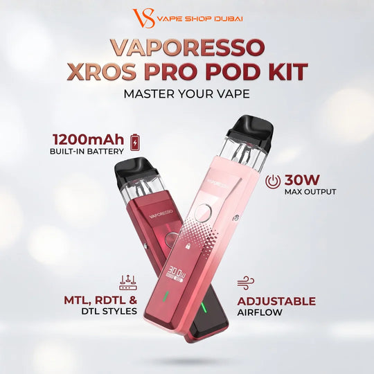 Two Vaporesso XROS Pro Pod Kit vape devices shown on a light gray bokeh background with promotional text. One device is metallic rose gold and the other is metallic red, both with black mouthpieces.
