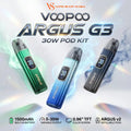 Three VOOPOO ARGUS G3 30W pod kits in green, blue, and black are displayed against a light background with smoke effects and product specifications at the bottom.