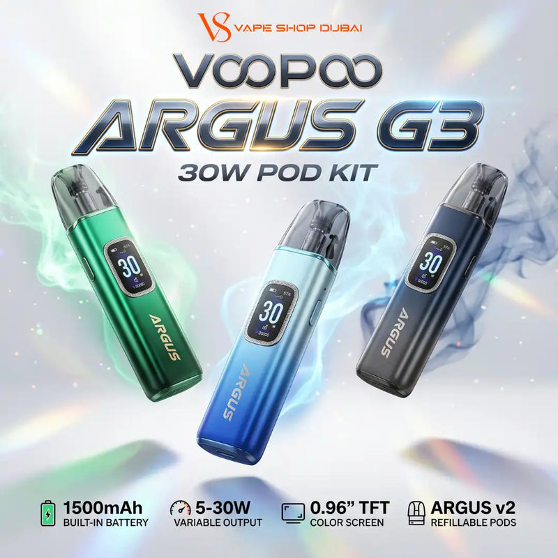 Three VOOPOO ARGUS G3 30W pod kits in green, blue, and black are displayed against a light background with smoke effects and product specifications at the bottom.