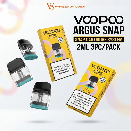 VCPOO Argus Snap 2ML 3PC pack disposable vape cartridges and their yellow packaging boxes, shown on a light background with promotional text.