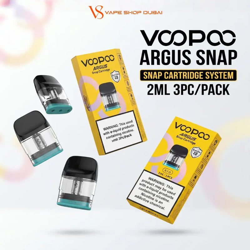 VCPOO Argus Snap 2ML 3PC pack disposable vape cartridges and their yellow packaging boxes, shown on a light background with promotional text.