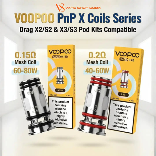 Two VOOPOO PnP X Coil Pod Kits shown with their yellow retail boxes on a light studio background. The left kit is a 0.