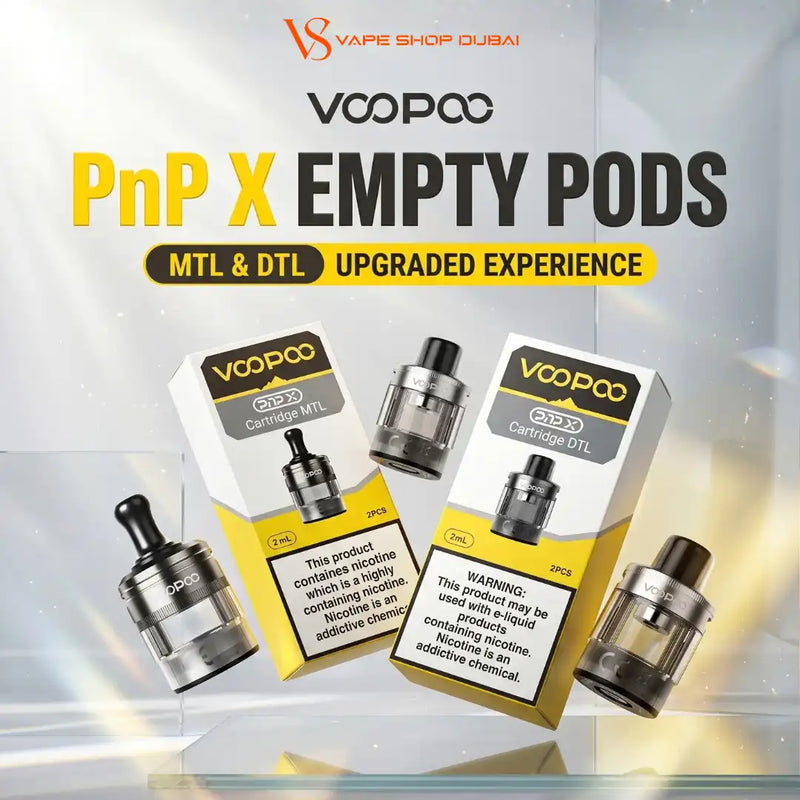 Promotional graphic for VOOPOO PnP X Empty Pods MTL and DTL cartridges, showing several vape pods and their retail boxes on a bright white background with large product text at the top.