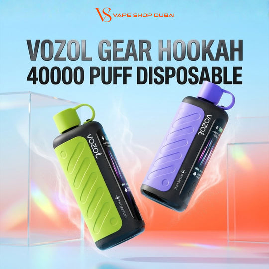 Two Vozol disposable hookah vape devices floating in a stylized promotional graphic. One device is lime green and black, and the other is purple and black.