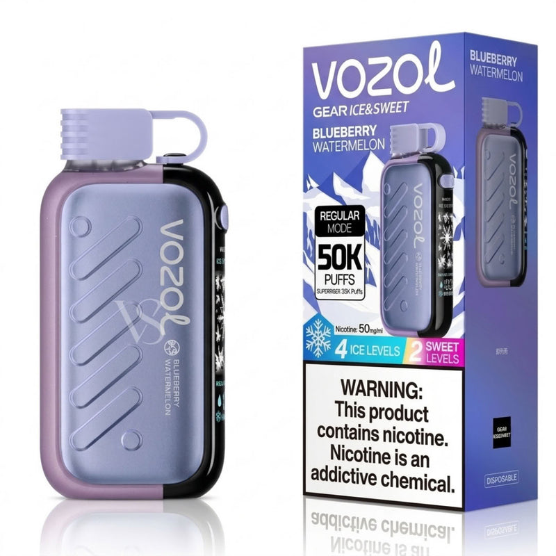 Vozol GEAR Ice & Sweet disposable vape device in Blueberry Watermelon flavor, shown next to its retail packaging box on a white reflective background.