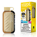 Vozol Gear Ice & Sweet Mango Ice disposable vape device next to its yellow retail packaging box, featuring a gold and brown body with a black side accent.
