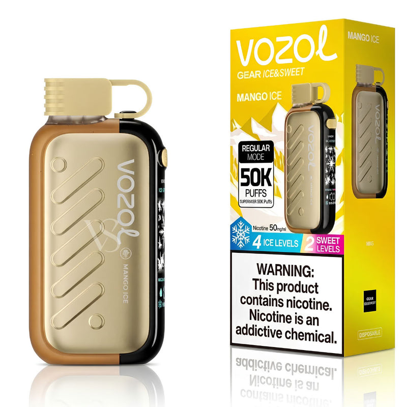 Vozol Gear Ice & Sweet Mango Ice disposable vape device next to its yellow retail packaging box, featuring a gold and brown body with a black side accent.